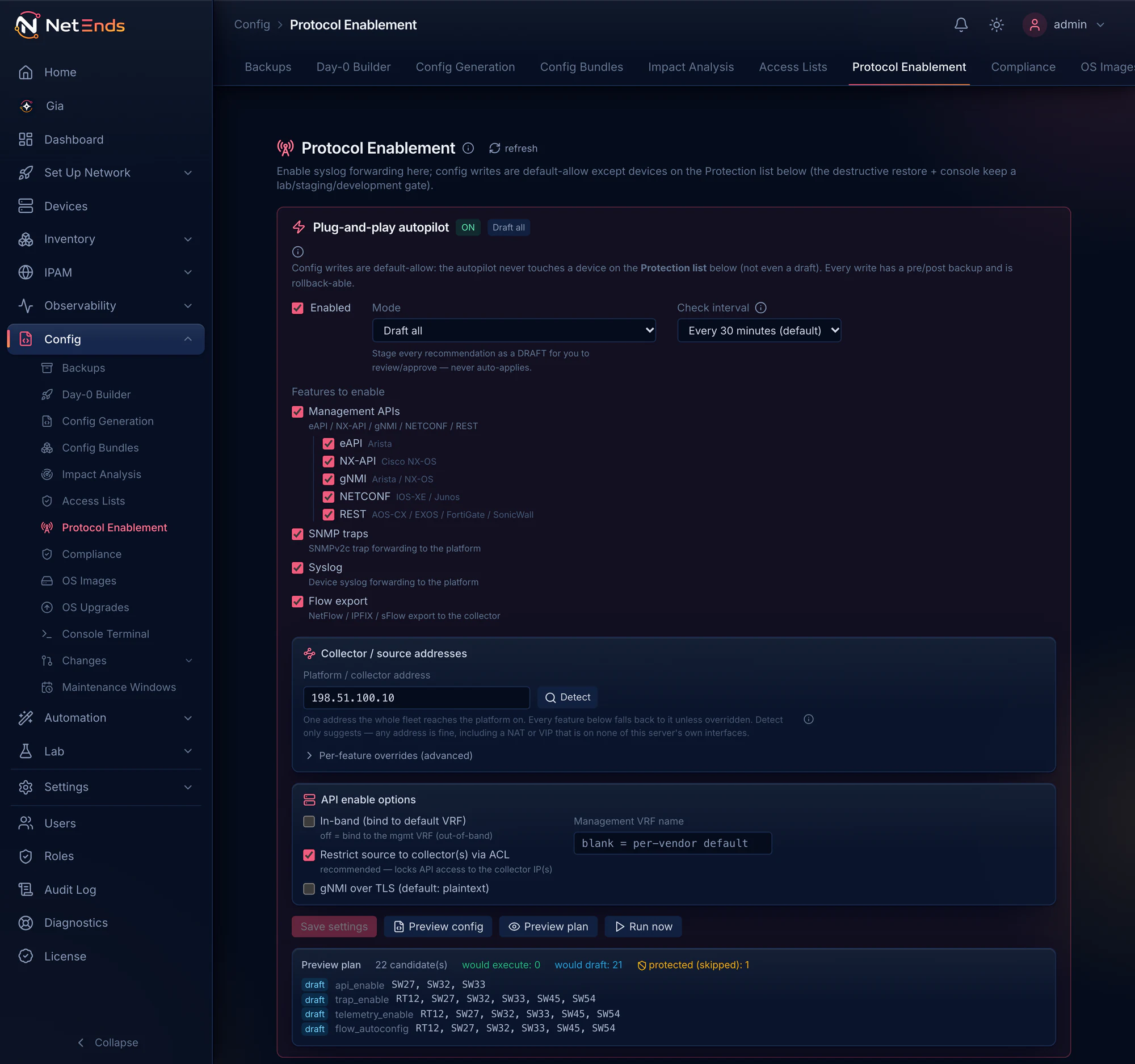 The Protocol Enablement page with Autopilot on in its default Draft all mode, sending to a collector at 198.51.100.10. A preview plan finds 22 telemetry gaps, stages 21 of them as drafts for review (management APIs, SNMP traps, syslog and flow export on six nodes) and skips the one on a protected node.