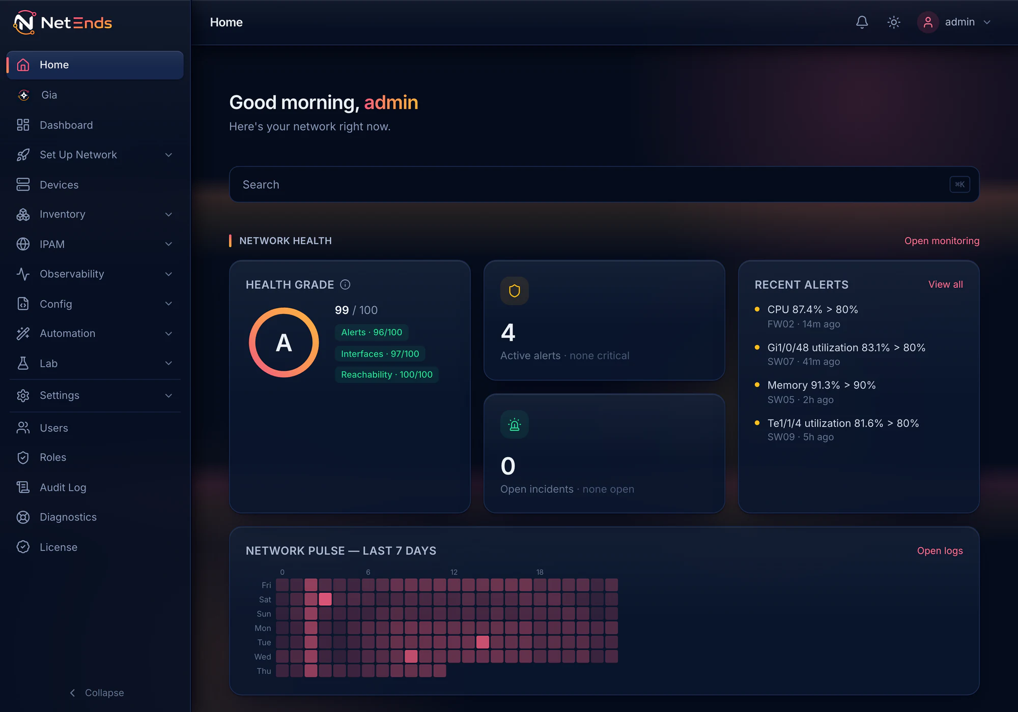 The NetEnds Home page: a greeting, the network's health grade A (99 out of 100), four active alerts with none critical, no open incidents, the recent alerts, and seven days of network activity.
