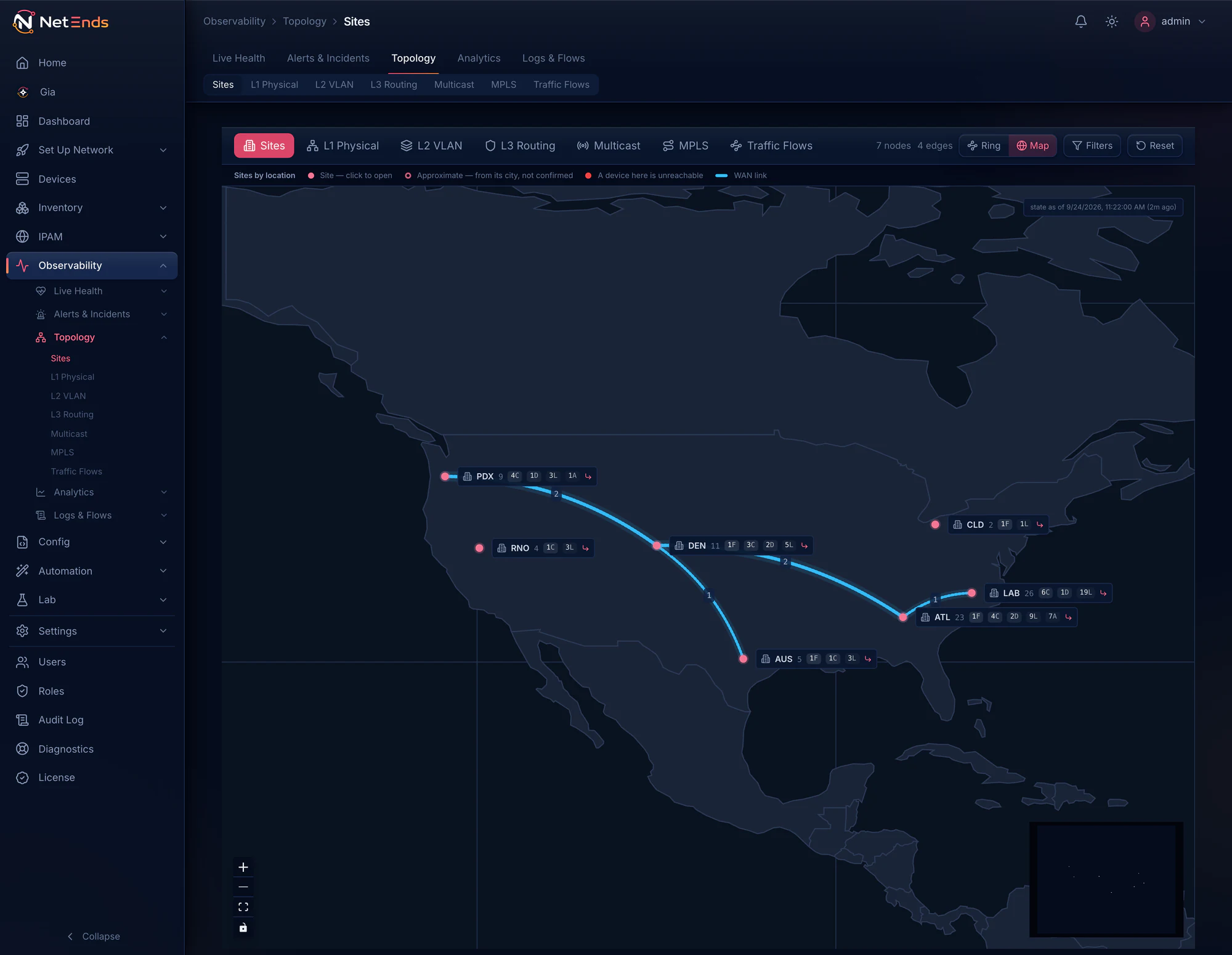 The Topology Sites map: seven sample sites across the United States, each with its device count and tier chips, joined by four WAN links, all up.