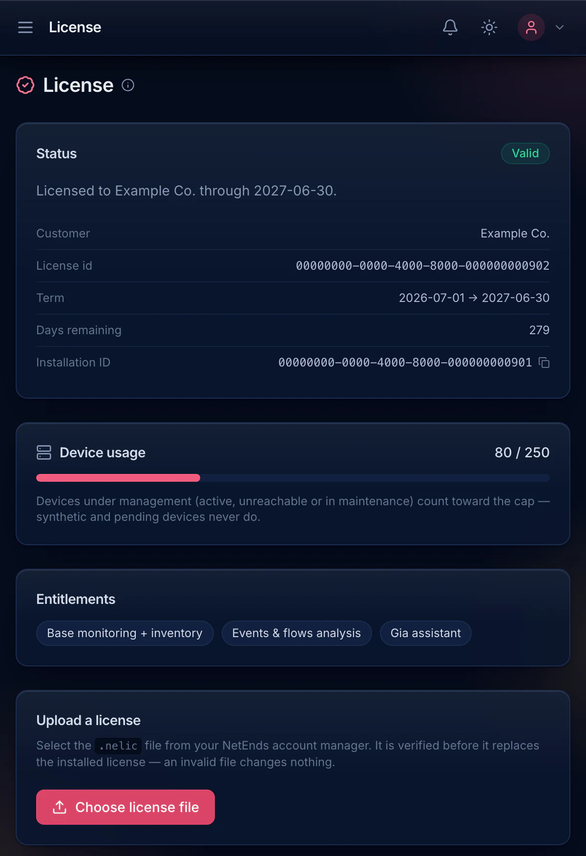 The License page on a narrow window: a valid license for a sample customer with 279 days left, 80 of 250 devices in use, all three tiers entitled (Base, Events & flows and Gia), the Installation ID with its copy button, and the control to upload a license file.