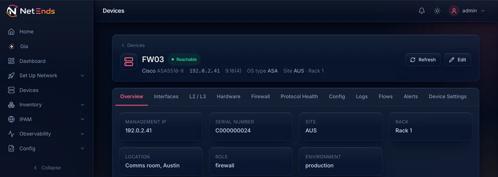 The top of the FW03 device page: a Cisco ASA firewall, reachable, at the Austin site, with its Firewall tab.