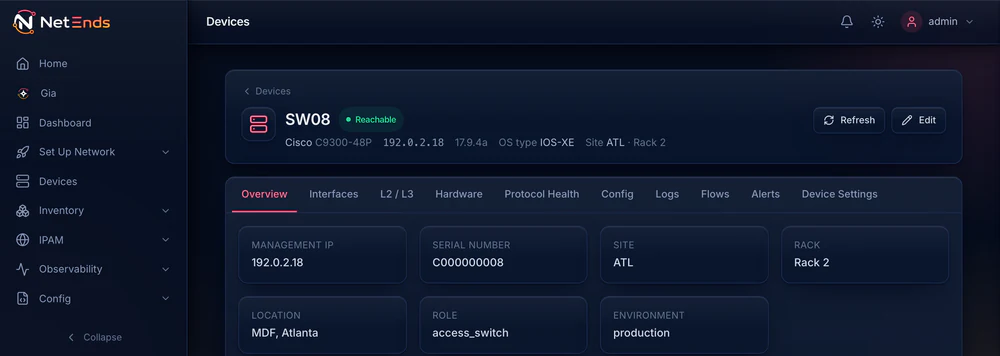 The top of the SW08 device page: a Cisco Catalyst access switch running IOS-XE, reachable, in a rack at the Atlanta site.